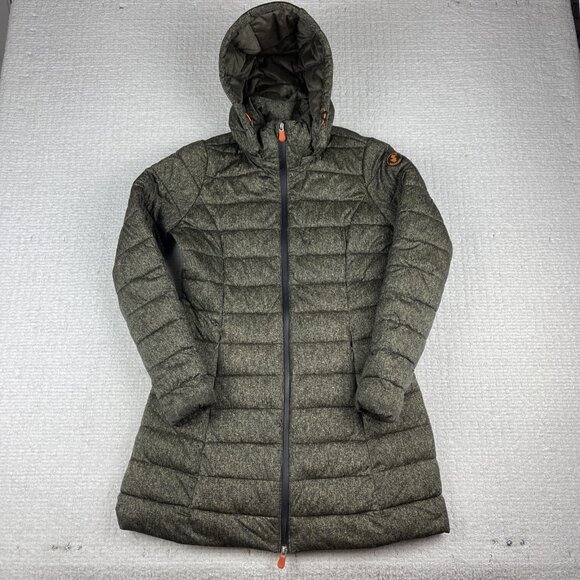 Save The Duck Womens Ultra Light Jacket Dark Green Puffer Size 2 Hooded - Picture 1 of 16